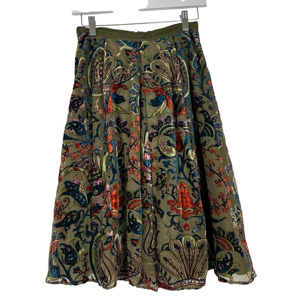 Eva Franco Skirt Size 4 Green Burnout Velvet Boho Paisley Floral Pleated Midi